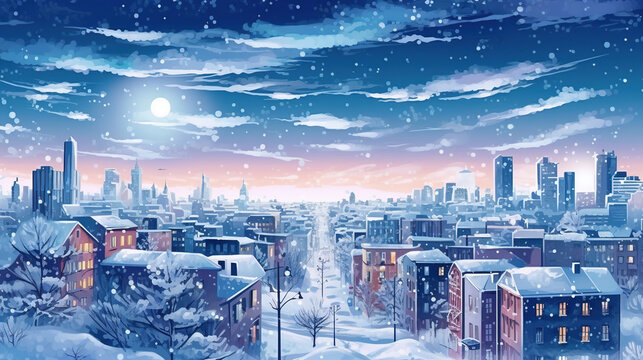 A winter with frost and snowflakes cityscape