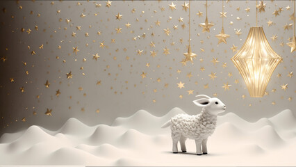 Gift box, sheep, star, gold lamp on studio lighting white background. Design creative concept of islamic celebration eid al adha or happy birthday. generative ai.
