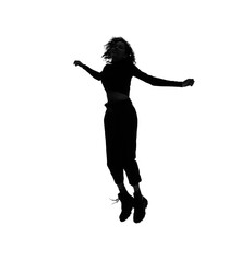 Fototapeta na wymiar Profile silhouette of jumping black woman in studio shot.