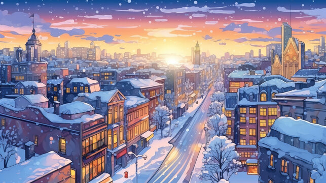 A winter with frost and snowflakes cityscape