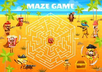 Labyrinth maze. Cartoon pirates fastfood characters on treasure island. Kids playing activity, labyrinth puzzle game or vector quiz with hotdog, popcorn and burrito, pizza, donut corsair personages