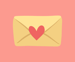 Illustration of postal envelope with hearts. Letter with flowers. Design for greeting card, invitation, print, sticker. Illustration for valentine's day.