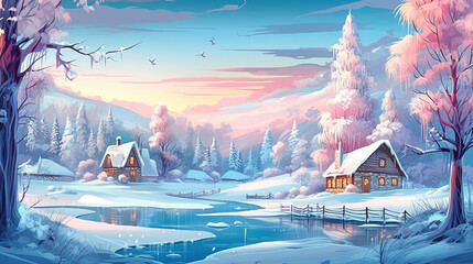 A winter with frost and snowflakes village
