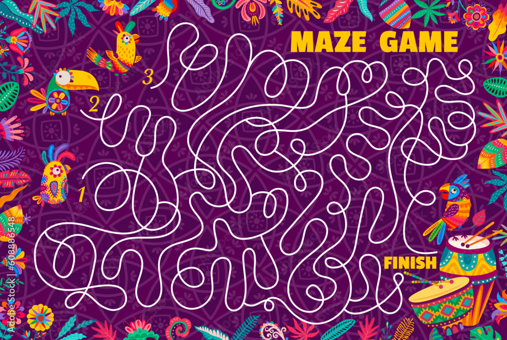 Poster labyrinth maze game help parrot find his friends. kids vector worksheet, boardgame puzzle with tangl
