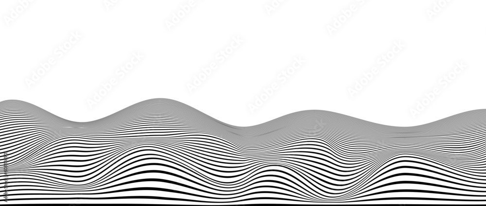 Poster Wavy stripes background. Curve thin lines pattern. Abstract black contour texture. Landscape terrain concept. Vector wallpaper.