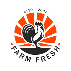 Agriculture and farm rooster icon. Livestock agriculture symbol, domestic bird farm or poultry meat production company, food market or grocery store retro vector emblem or sign with rooster, sun rays © Vector Tradition