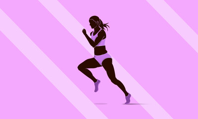 Fototapeta na wymiar Silhouette of a sporty running girl. Abstract pink background.
