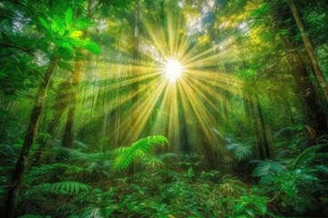 sunlight filtering through trees in a dense forest Generative AI