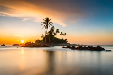 Fototapeta na wymiar Sunset on the beach. Inspiring tropical beach seascape horizon.