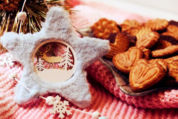 Happy New Year, Festive atmospheric mood. Close up of Christmas cookies, beautiful decorations.