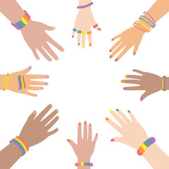 Set of hands of people with multiple race and gender with pride rainbow symbol accessories, painting and nail polish putting together for lgbtq parade flat illustration vector