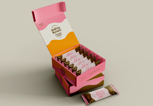 Stacked Shelf Box with Snacks Bar Mockup 