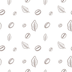 Seamless pattern of hand drawn leaf and coffee bean