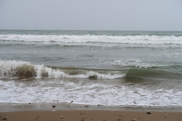 sea waves at windy gray day, white foam and splash