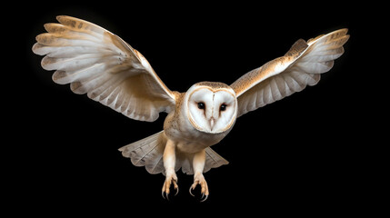 Beautiful barn owl flying isolated on black background generative ai