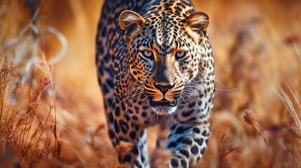 Leopard is walking through brown grassland, generative ai illustration