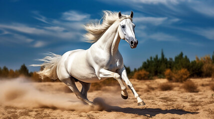 A white horse running on a sand beach with blue sky generative ai background