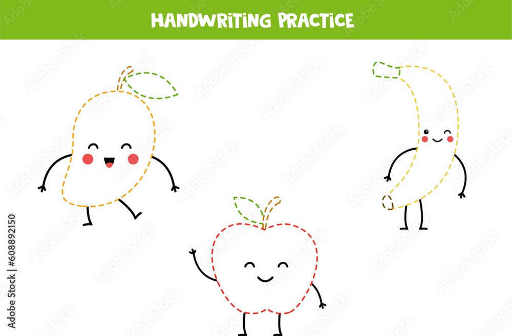 Wall mural handwriting practice with cute kawaii fruits. tracing lines for preschoolers. vector illustration.