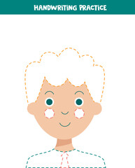 Handwriting practice with cute boy. Tracing lines for preschoolers. Vector illustration.