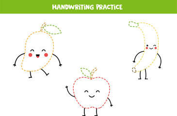 Obraz premium Handwriting practice with cute kawaii fruits. Tracing lines for preschoolers. Vector illustration.