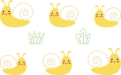 Fototapeta premium Handwriting practice with cute snails. Tracing lines for preschoolers. Vector illustration.