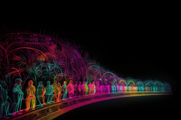 Colorful Side View Of Going People On Road Create With Mandala Neon Lights, Generative, Ai