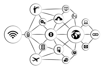 Digital png illustration of network of connections with black icons on transparent background