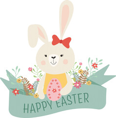 Digital png illustration of easter text and bunny on transparent background