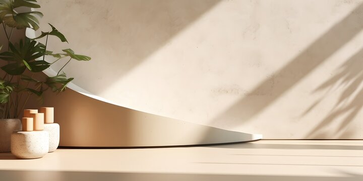 Blank beige brown cement curve counter podium with texture, soft beautiful dappled sunlight, leaf shadow on white wall for luxury organic cosmetic, skincare, beauty treatment product background