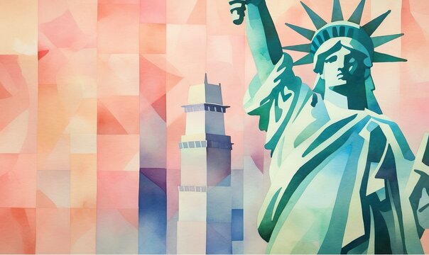 the statue of liberty of pastel colors painted in watercolor style