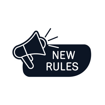  Megaphone with new rules speech bubble. Loudspeaker. Banner for business, marketing and advertising. Vector illustration  isolated on white background.