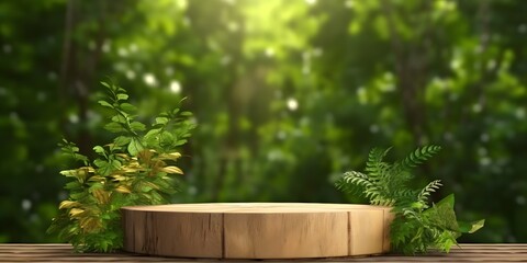 Wooden product display podium with green nature garden background - obrazy, fototapety, plakaty