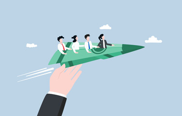 Financial consulting, investment advisor, mentorship or guidance for business team concept, Businessman manager hand gliding paper plane of banknote with employees.