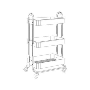 recommend clip art: Kitchen cart or multifunction 3 tier rolling metal utility in outline sketch icon. Ideal for storing tools, utensils, supplies, food, beverages, toiletries. Vector illustration in trendy style.