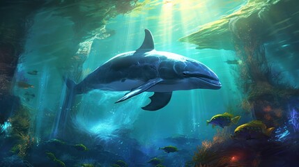 Obraz premium Dolphin in the deep blue ocean made with Generative AI