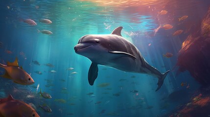 Dolphin in a beautiful colorful blue shallow ocean made with Generative AI