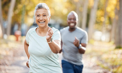 Health, race and running with old couple in park for fitness, workout and exercise. Wellness,...