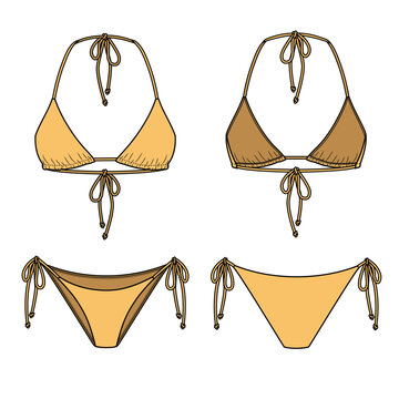 String Bikini technical fashion flat. Swimsuit vector illustration, front and back view, editable mockup template.	