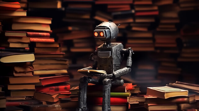 Retro Robot mad of junk rusty metal learning Human Civilization by it self reading books like making updates in library 