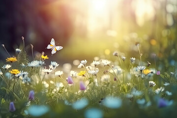 background with butterflies and meadow flowers. spring landscape flowerfield with daisies and grass. bokeh. sunny day. ai	