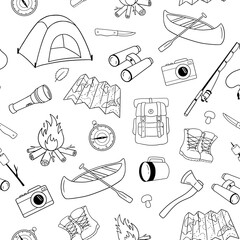 Seamless pattern on theme of hiking and holidays in camp. Monochrome background with tent, fishing rod and bonfire.