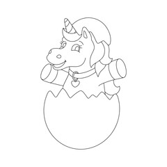 The unicorn jumps out of the Easter egg. Coloring book page for kids. Cartoon style character. Vector illustration isolated on white background.