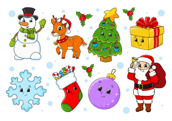 Set of stickers with cute cartoon characters. Winter clipart. Hand drawn. Colorful pack. Vector illustration. Patch badges collection for kids. For daily planner, organizer, diary.