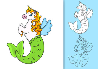Set of vector illustrations isolated on white and colored background. Cute mermaid unicorn. Black silhouette. Design element. Black stroke. Cartoon style.
