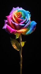 Fototapeta na wymiar A beautiful rose, rose stem, petal in every color of the rainbow. isolated black background. Generative AI