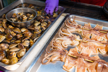 Street market selling seafood in the vendor stall