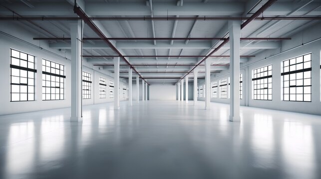 Empty, modern industrial space. This image highlights the elegance of minimalist design in contemporary industrial facilities, ready for new opportunities and transformations. Generative AI