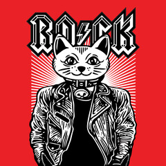 Lucky Cat Rocker Rockstar Leather Jacket Vector Illustration