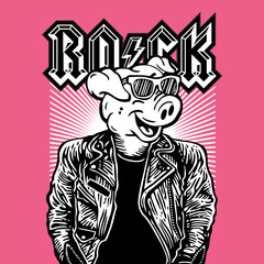 Pig Piggy Head Rocker Rockstar Leather Jacket Vector Illustration
