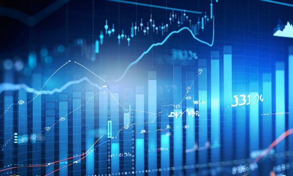 graph, data concept with digital financial chart graphs, perspective view of stock market growth,diagrams, indicators on dark blue blurry background, business investing, background. Png, Ai Generate 